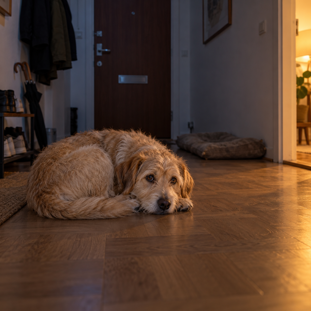 Hund som ligger på golvet bredvid sin bädd