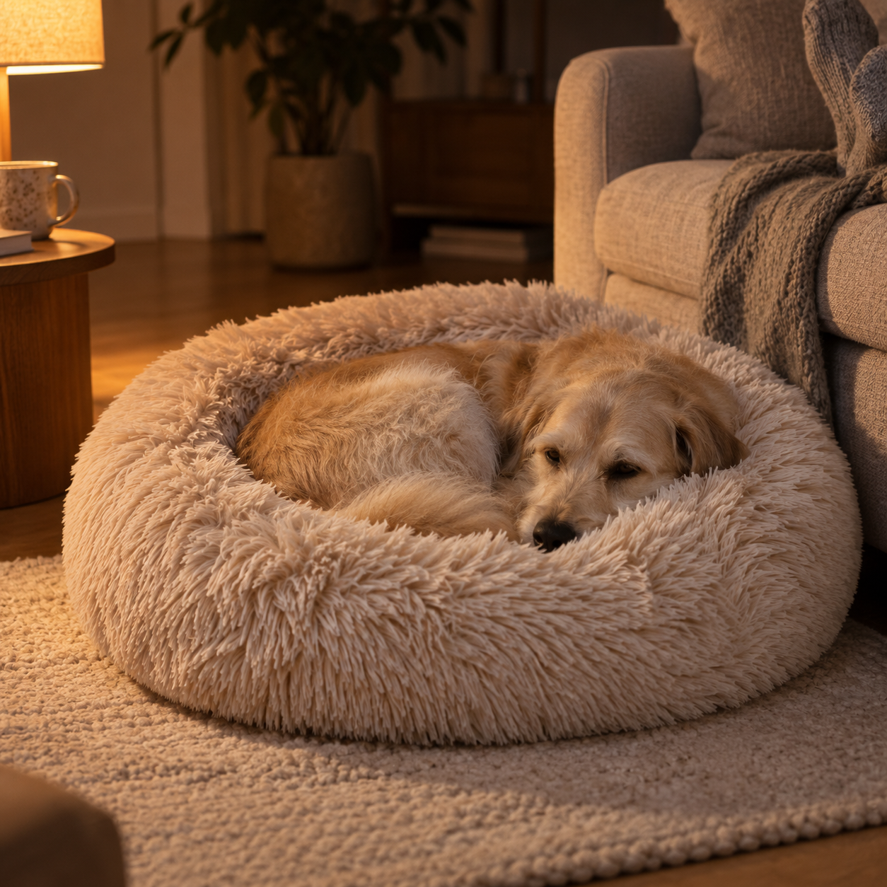 Hund som kurar ihop sig i en Pawbed hundbädd